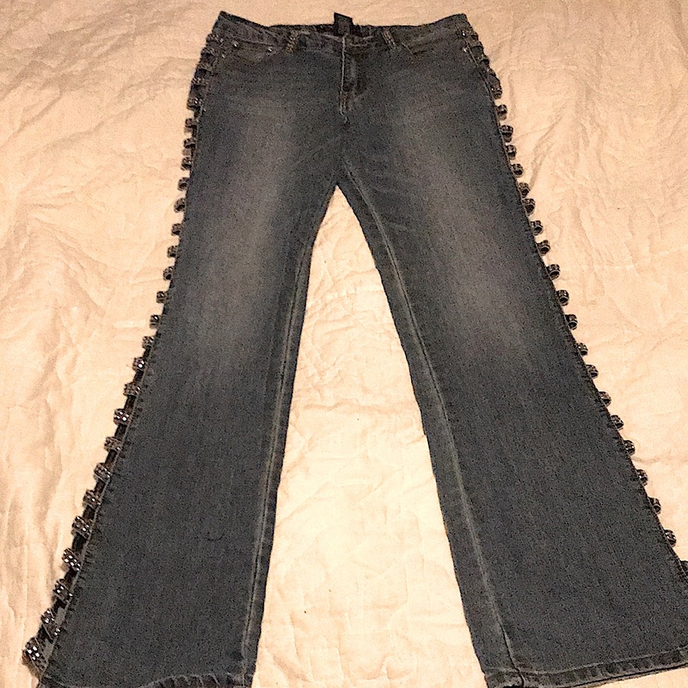 PLATINUM PLUSH Women's SZ 13 SEXY Open Sides And Rhinestones Blue Denim Jeans